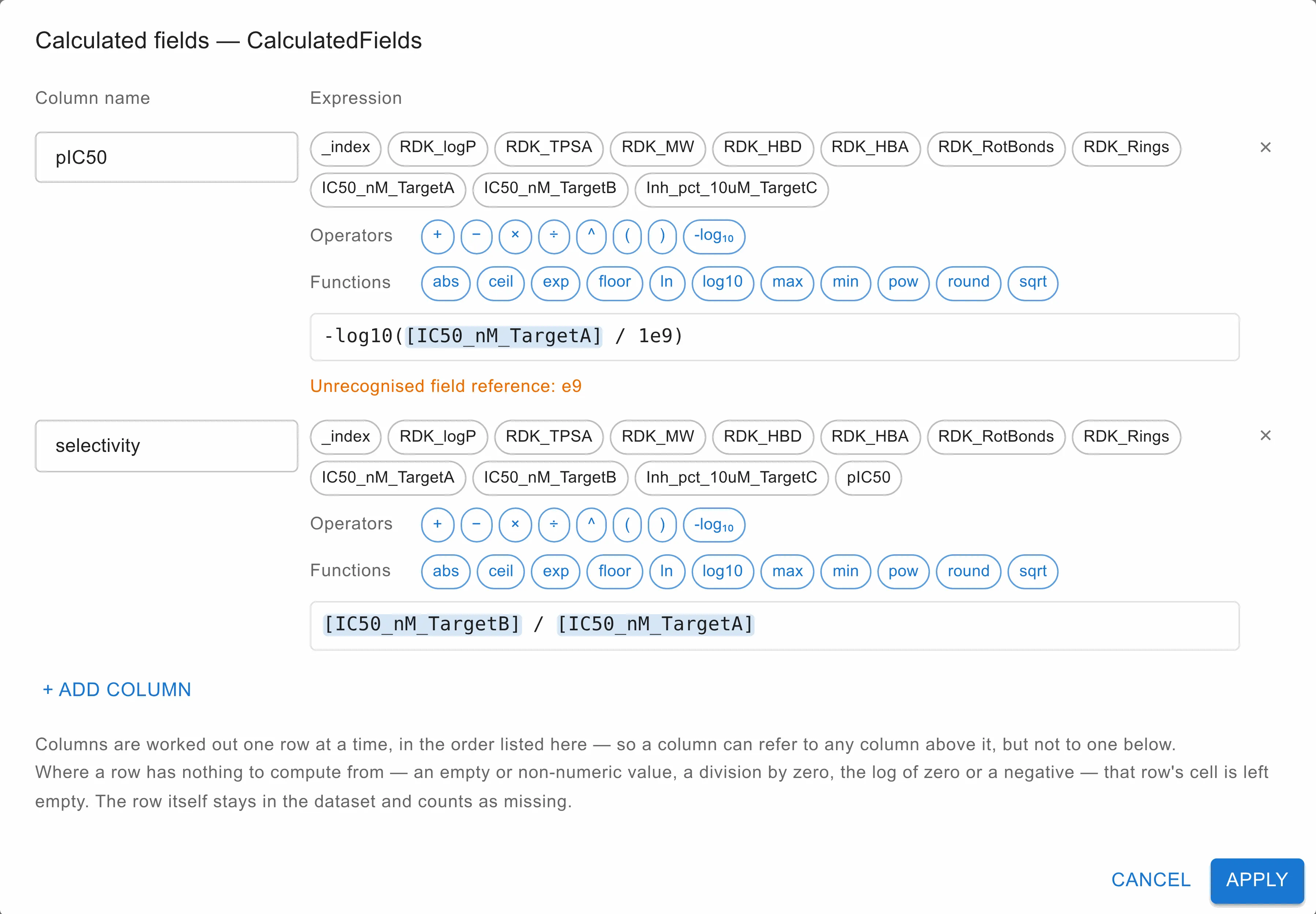 The Calculated fields editor: two columns, pIC50 and selectivity, each with clickable field names, operator and function buttons above its expression.