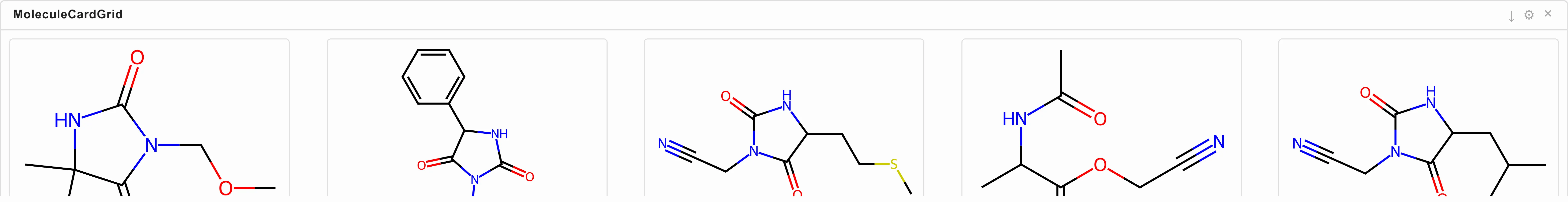 A row of molecule cards, each drawn as a 2D structure.