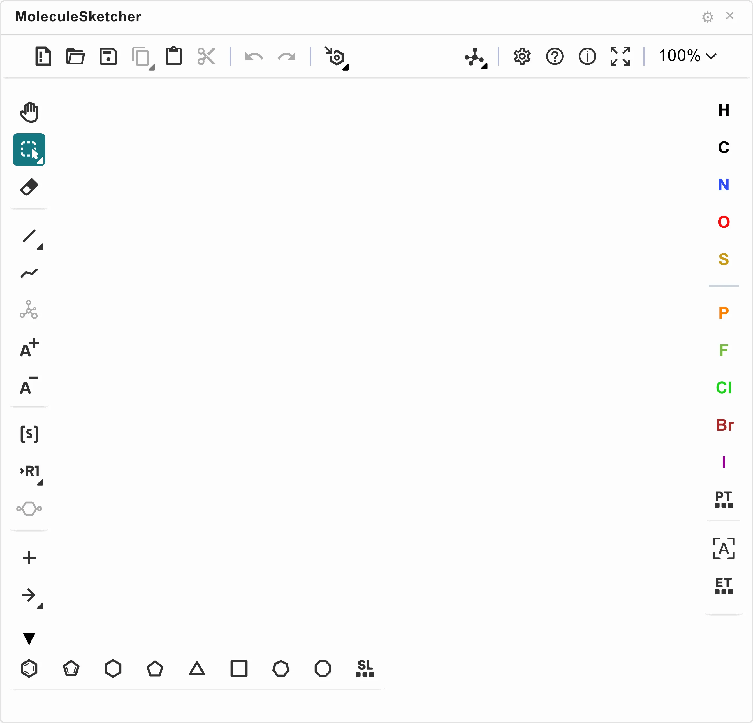 The MoleculeSketcher panel — a full structure editor with drawing tools, an element palette and templates.