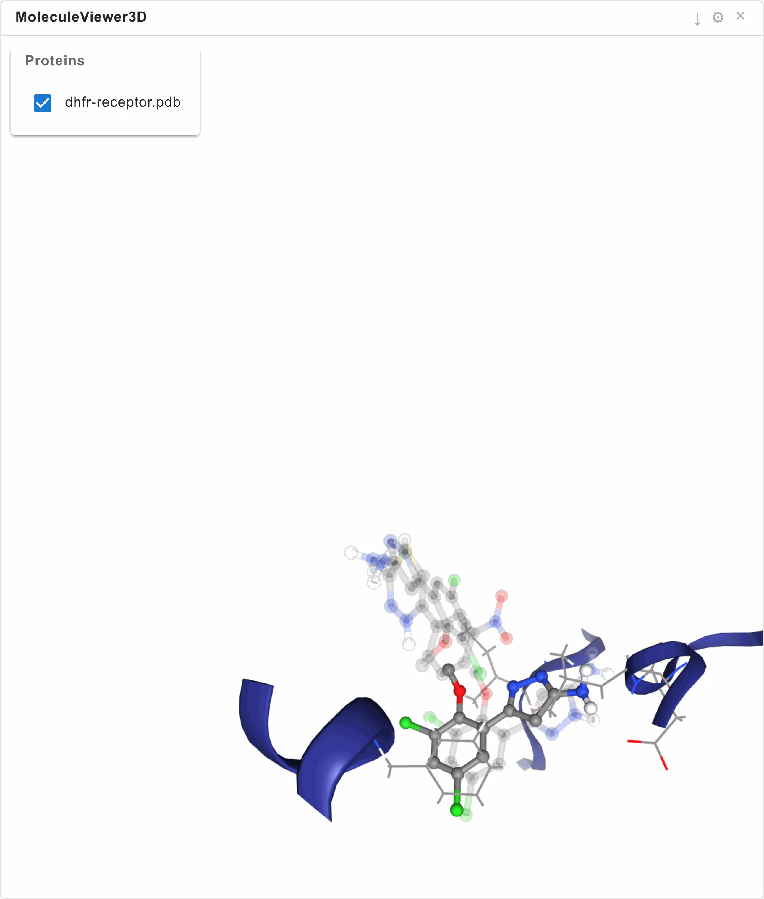 The 3D viewer isolated to the binding site: four docked ligands, one at full strength and the others dimmed, among two short helices of the contacted region.