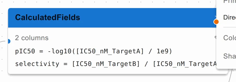 A CalculatedFields node, summarising the two columns it adds and carrying a pencil button to edit them.