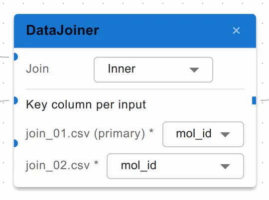 A DataJoiner node with a Join mode dropdown set to Inner, and a key-column dropdown for each of its two inputs, the first marked primary.