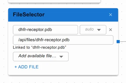 A FileSelector node holding dhfr-receptor.pdb, showing its name, an auto file-type dropdown, its source, a note that it is linked to a project file, and controls to add another.