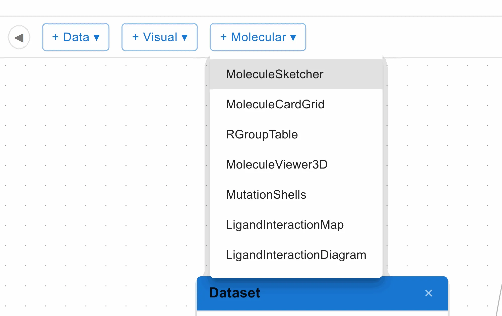 The design toolbar with the + Molecular menu open, listing the seven molecular components over the canvas.