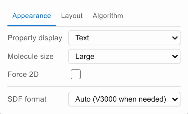 The card grid’s Appearance tab: property display, molecule size, force 2D and SDF format.