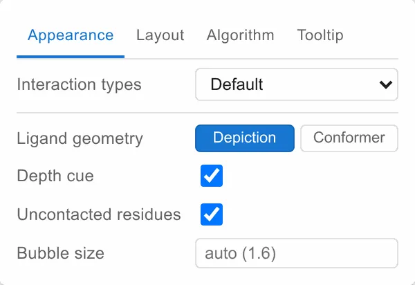 The diagram’s Appearance tab: the interaction types preset, and a Ligand geometry toggle between Depiction and Conformer, with the depth cue and uncontacted-residue switches below.