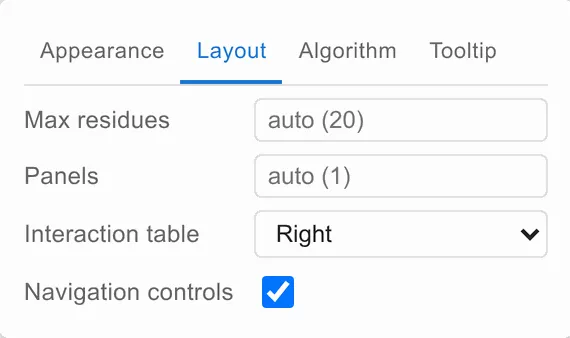 The diagram’s Layout tab: max residues, panels, interaction table position and navigation controls.