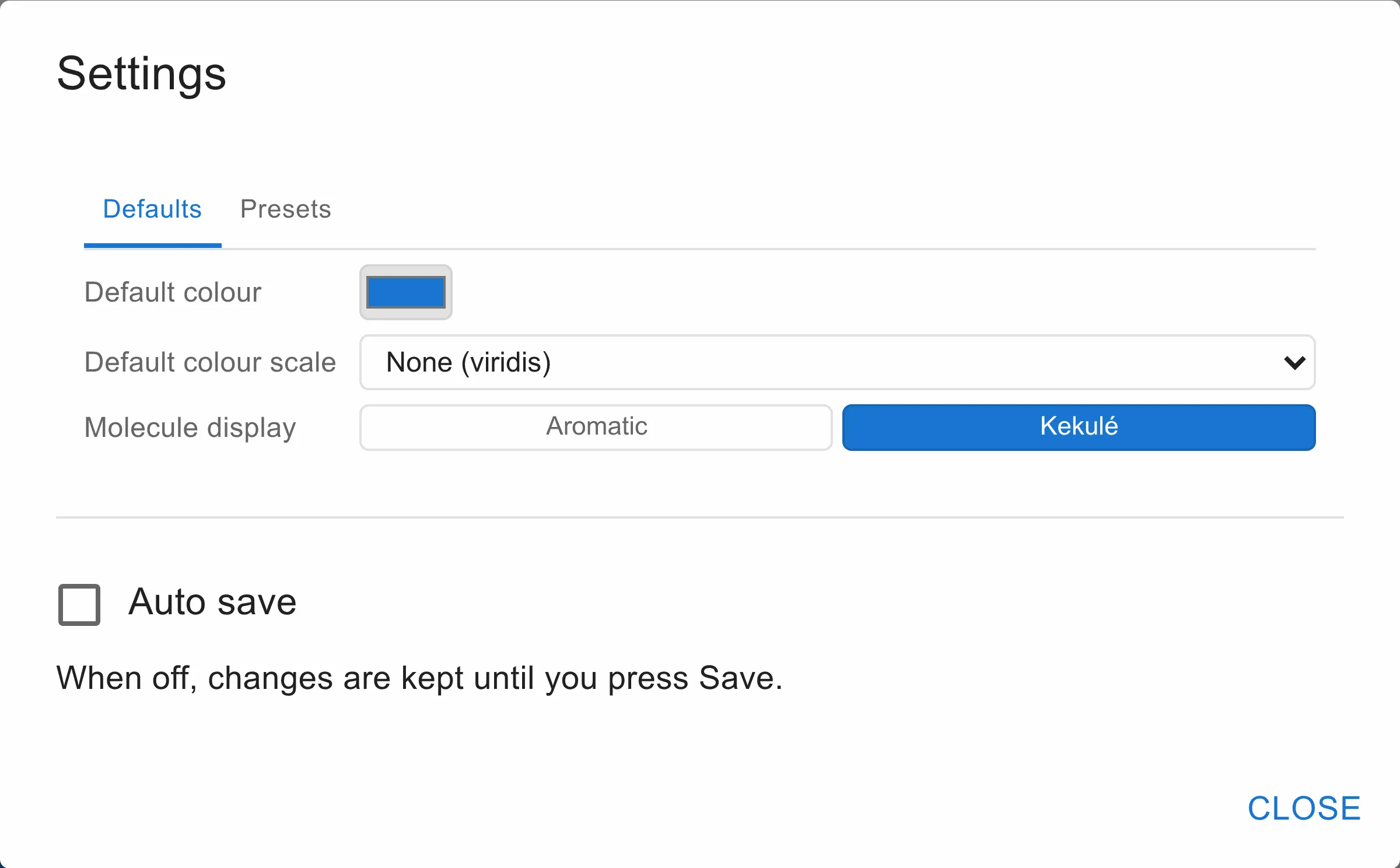 The Settings dialog on its Defaults tab: default colour, default colour scale, and a toggle between aromatic and Kekulé molecule display, with an Auto save checkbox below.