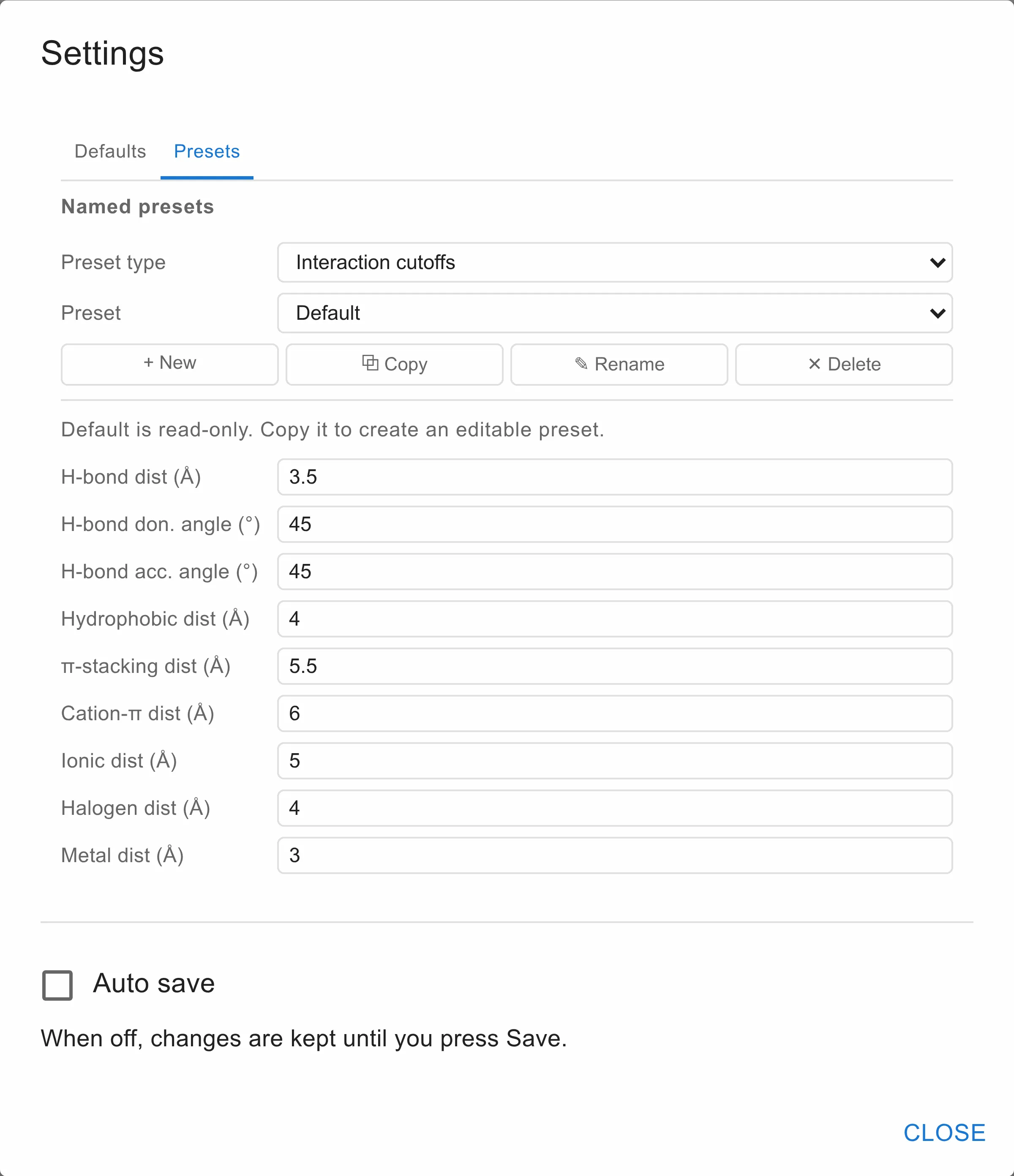 The Presets tab: a preset type, a preset, buttons to create, copy, rename and delete, and the nine cutoff values below.