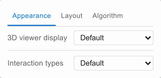 The 3D viewer’s Appearance tab: a 3D viewer display preset picker and an interaction types preset picker, both set to Default.