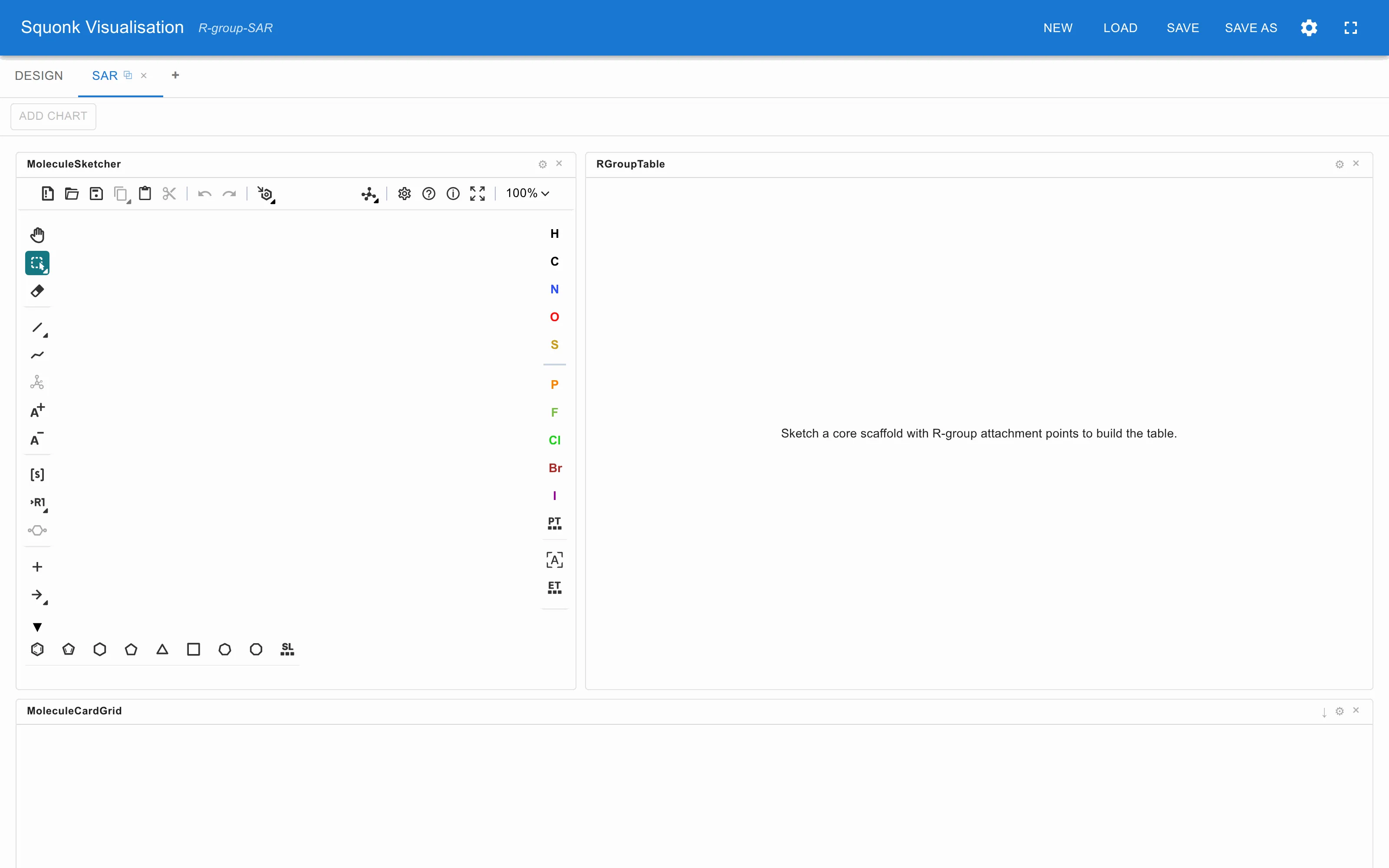The SAR view: a MoleculeSketcher on the left with an empty canvas, and the R-group table beside it asking for a core scaffold with R-group attachment points.